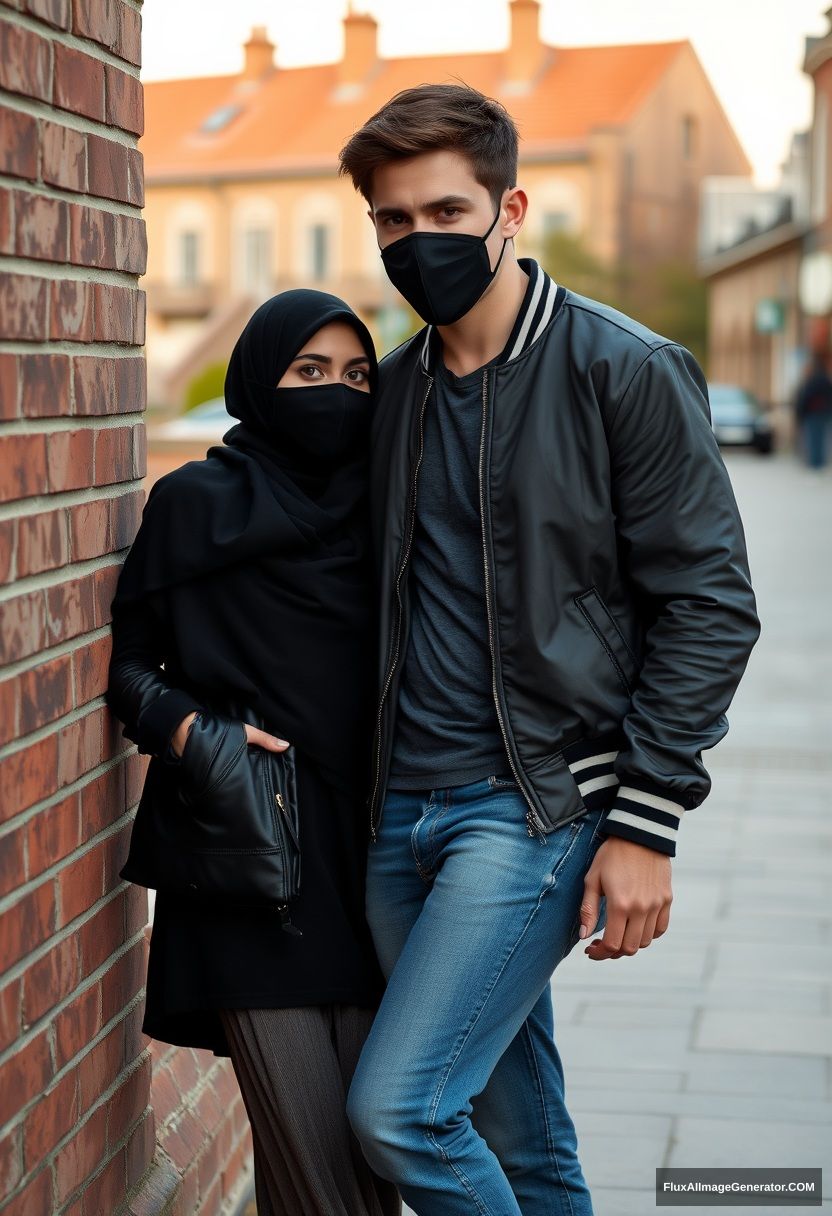 Jamie Dornan, handsome, young, black face mask, collage jacket, jeans, dating a beautiful Muslim girl in a big black hijab, with beautiful eyes, black face mask, black leather jacket, sneakers, and the biggest, longest skirt standing or lying against a brick wall, town, morning scenery, photorealistic, street photography.