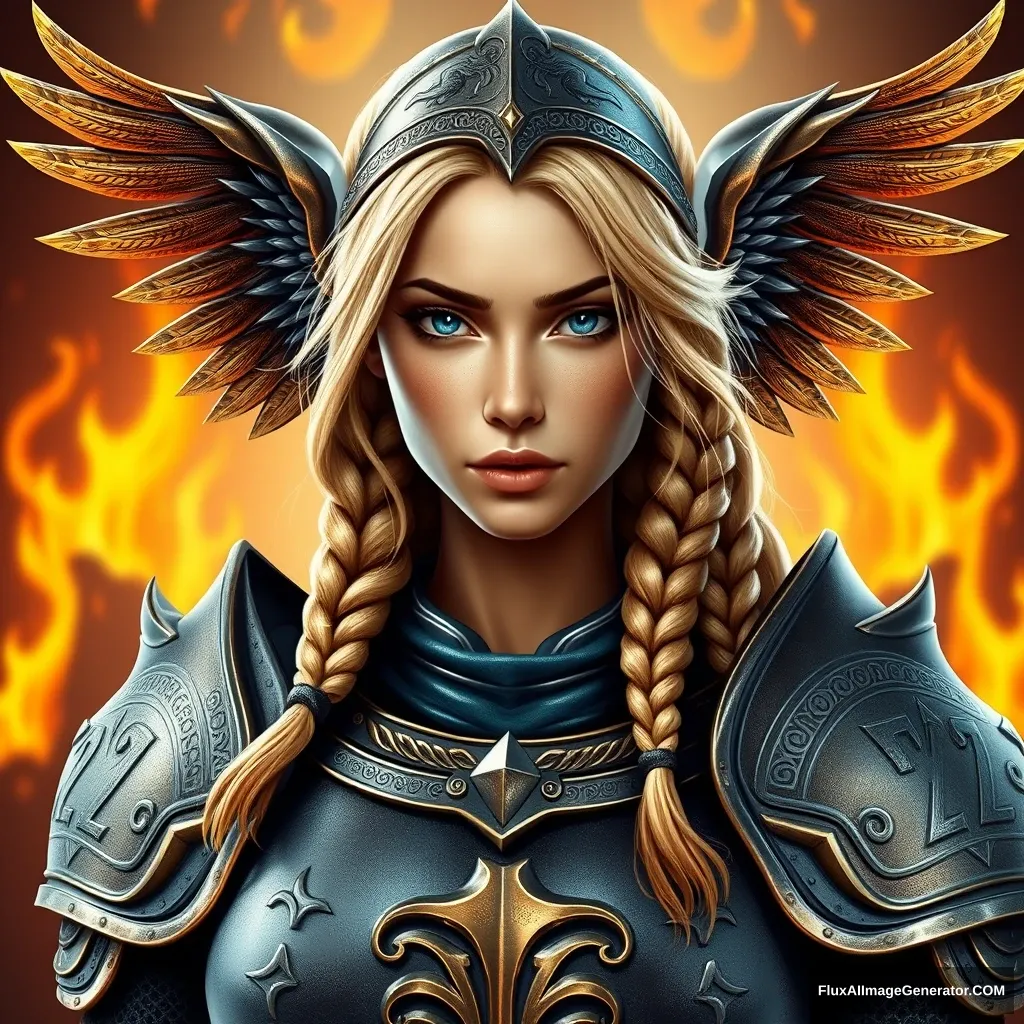 A woman in fantasy full plate armor, game icon style, 3D, bald with a closed mouth, looking at the viewer. This is a portrait of a solo character featuring a left and right symmetrical structure, depicting an epic fantasy character. She has tanned skin and (lush) voluminous braided blonde hair, which is messy with strands between her blue eyes. The character appears beautiful, gorgeous, heroic, and determined, set against a backdrop of embers and fire. The design includes (runic engravings, a winged helmet, and heavy armor) depicting an elite guard at a palace with gilded and embossed details, exuding a glorious vibe. The artwork uses a (((gold, silver, glimmer)), faerie) theme with a limited palette and contrast, showcasing phenomenal aesthetics and best quality, resulting in sumptuous artwork.

breasts <lora:grand blue:0.6> 1 girl. - Image