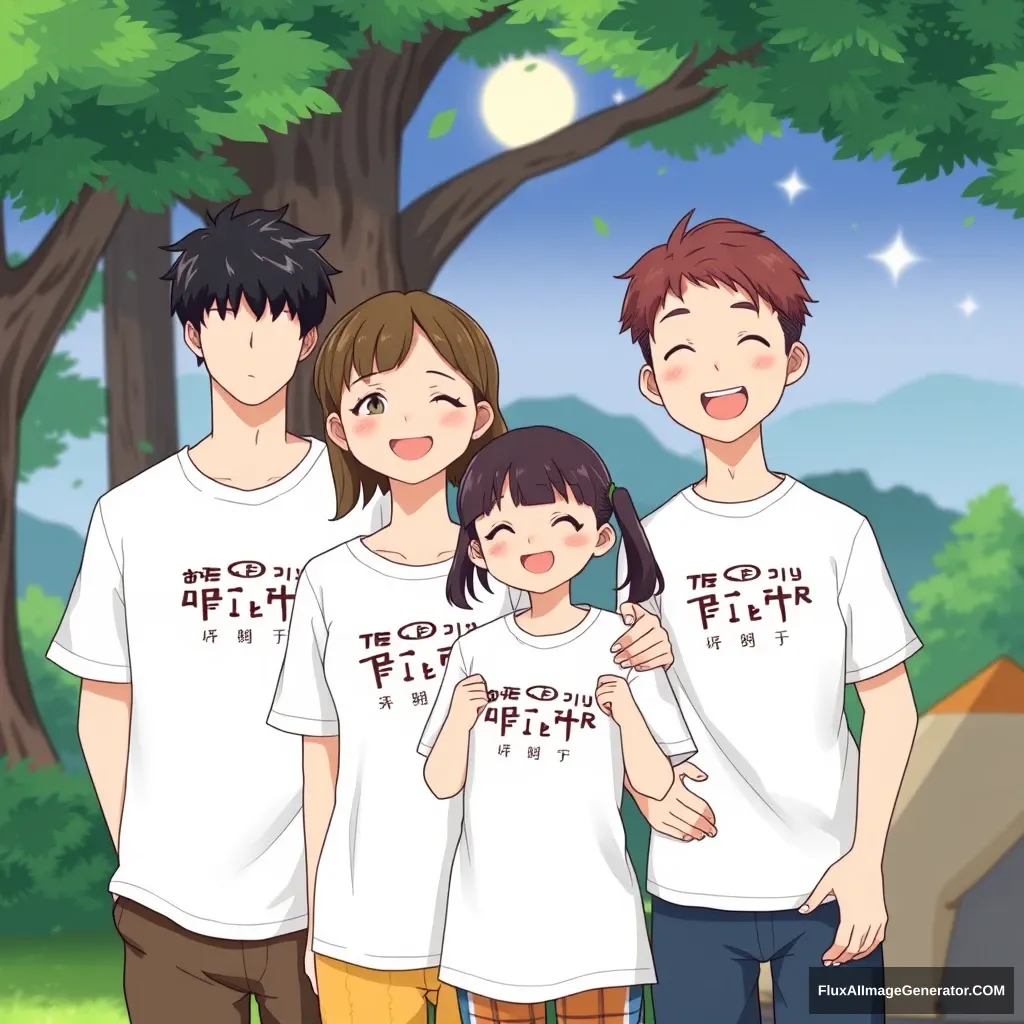 "Three families camping happily, each wearing white short-sleeved T-shirts with Hangul designs from Gumi, Pangyo, and Songdo. Gumi consists of 4 members (1 dad, 1 mom, 2 elementary school girls), Songdo has 3 members (1 dad, 1 mom, 1 elementary school girl), and Pangyo has 4 members (1 dad, 1 mom, 1 elementary school girl, and 1 toddler boy), in an anime style." - Image