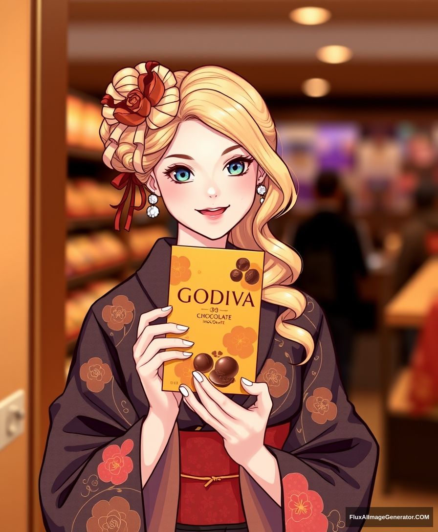 Godiva chocolate, a blonde girl in a kimono is holding it. - Image