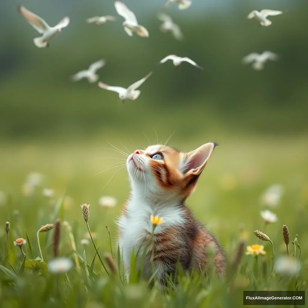 A small cat named Mini in a vast meadow, looking up at birds flying in the sky with a dreamy expression.