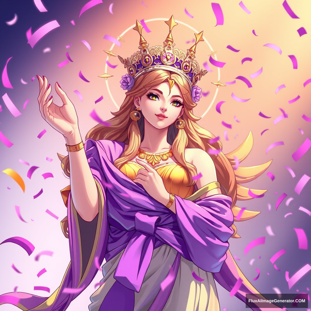 Goddess of Victory wrapped in purple ribbon, purple confetti flying everywhere, bright colors and anime aesthetics. - Image