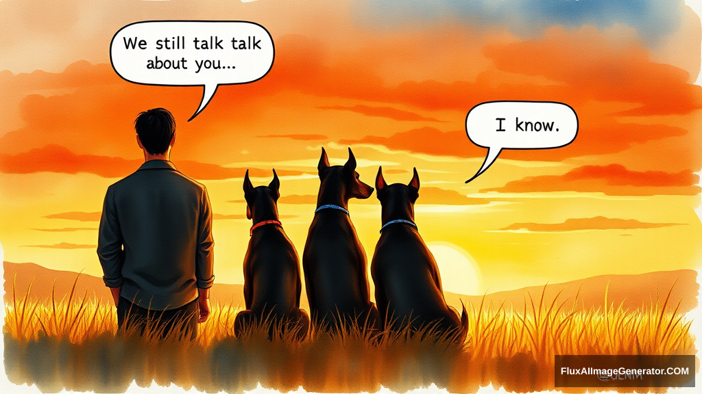 Watercolor illustration: male figure in meadow at golden hour, silhouetted against vibrant sunset sky. Three winged canine Doberman companions sat beside. Facing away from the viewer, speech bubbles float above: "We still talk about you" (person), "I know" (dog). Nostalgic atmosphere, brushstrokes convey wistful longing.