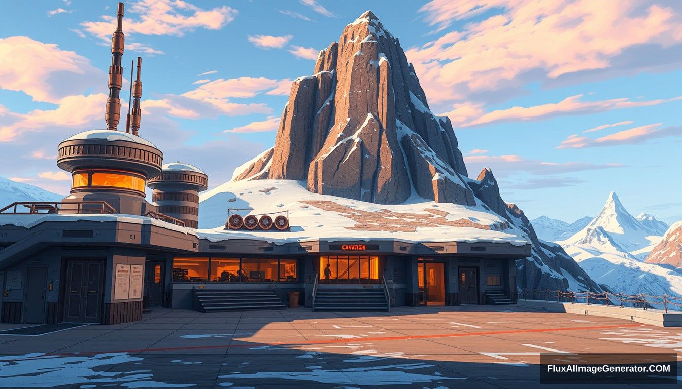 Cel-shaded art, wide shot, a sci-fi center on the top of a snow mountain, open air, close look, cyberpunk, military base, Star Wars style, indoor, patio, morning, sunlight, fortress, mountain, rock, snow, tarmac, parking apron.