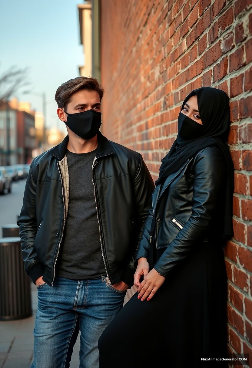 Jamie Dornan, handsome young man, wearing a black face mask, collage jacket, jeans, dating a beautiful Muslim girl in a black hijab with beautiful eyes, also wearing a black face mask, black leather jacket, sneakers, and the longest skirt, standing and lying against a brick wall, in a town, morning scenery, photorealistic, street photography.