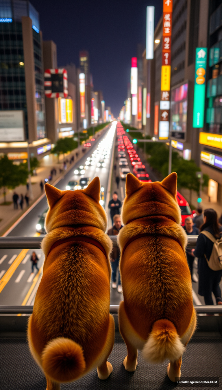 Two Shiba Inu dogs are watching the night view on a pedestrian overpass on a busy street, with their backs to the audience.