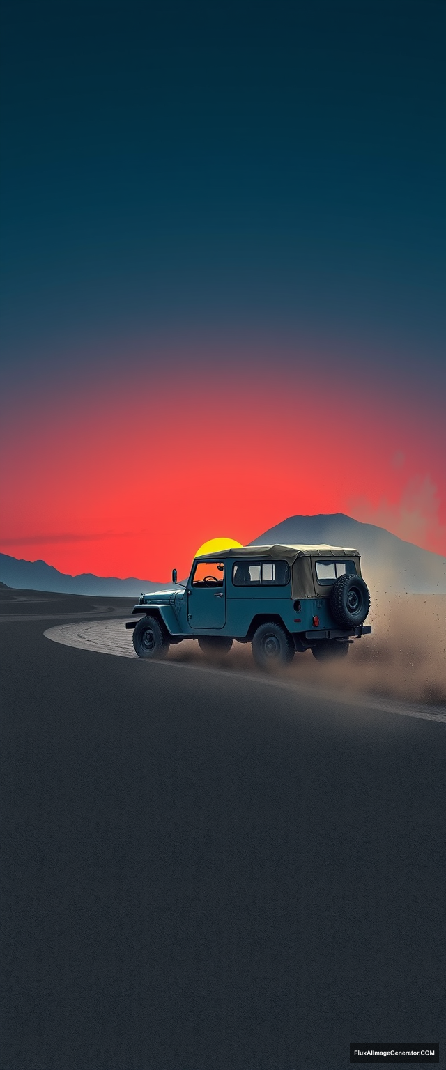 Create a wall-paint illustration of rough strokes, muted colors, a Navy-Blue "Steyr Puch Haflinger" military car (accurately) crossing on black-greyish sand, creating splashing sands everywhere. Setting of 1960s Mount Bromo, East Java, Indonesia. Dust, sunset. Red blue sky. Dramatic.