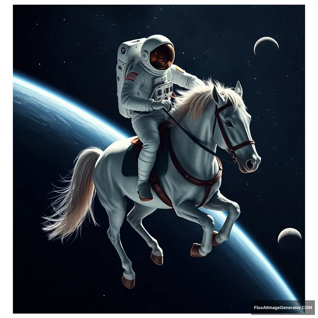 An image of an astronaut riding a horse in space.