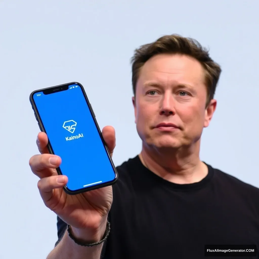 Elon Musk holds a phone, and the phone screen shows the KainoAI app, which has a blue style.