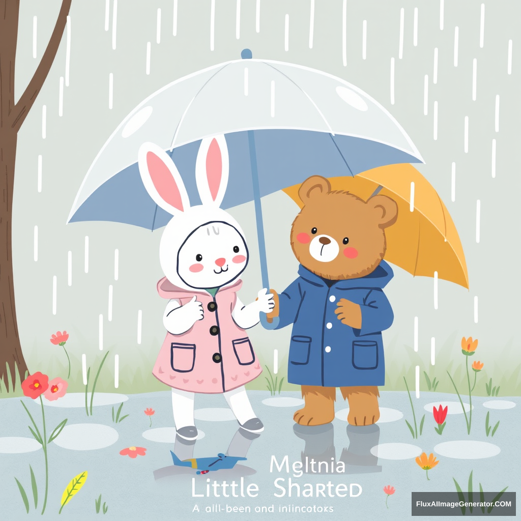 When the rain started, Little Bunny and Little Bear put on their raincoats, grabbed their umbrellas, and went outside. - Image