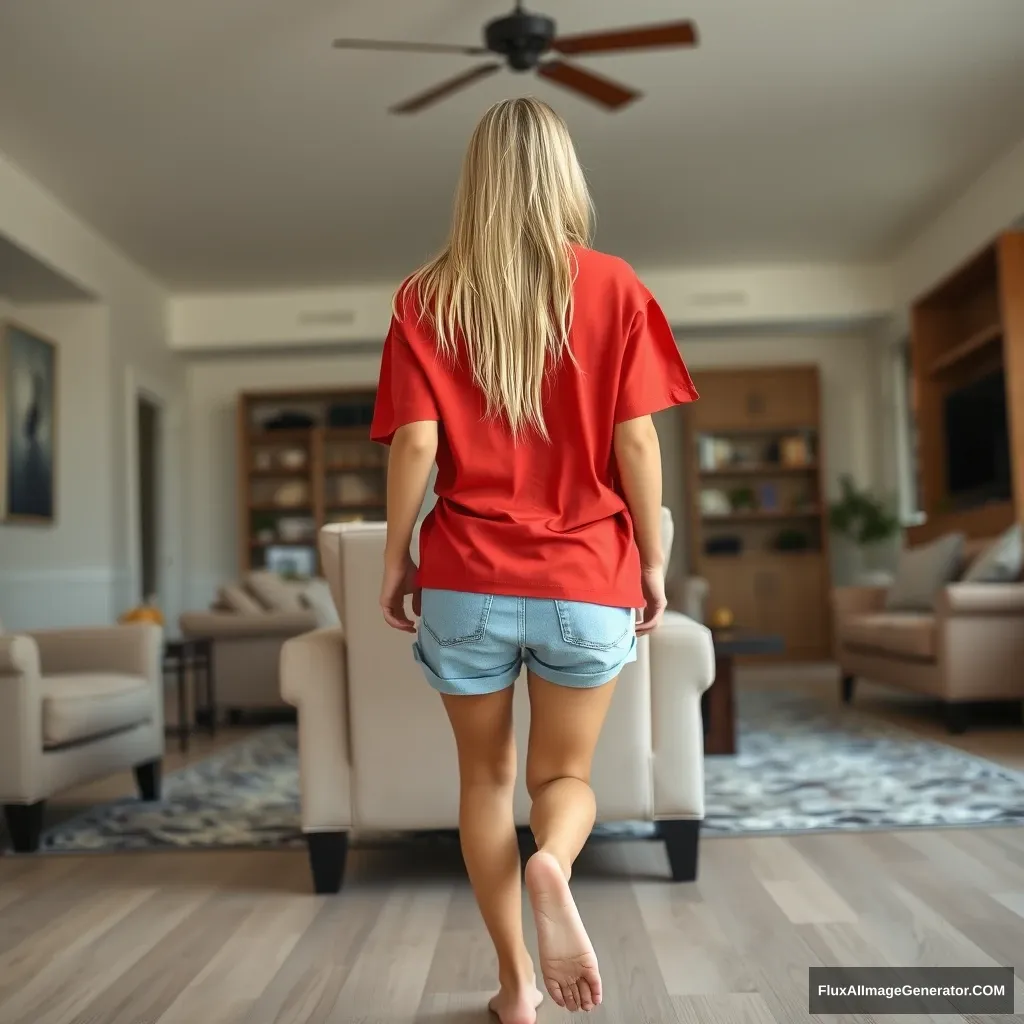 Back view of a skinny blonde woman in her large living room, wearing an oversized red polo shirt that hangs unevenly on one shoulder, paired with big light blue denim shorts that are unrolled. She is barefoot, facing the camera as she gets off her chair and runs towards it.