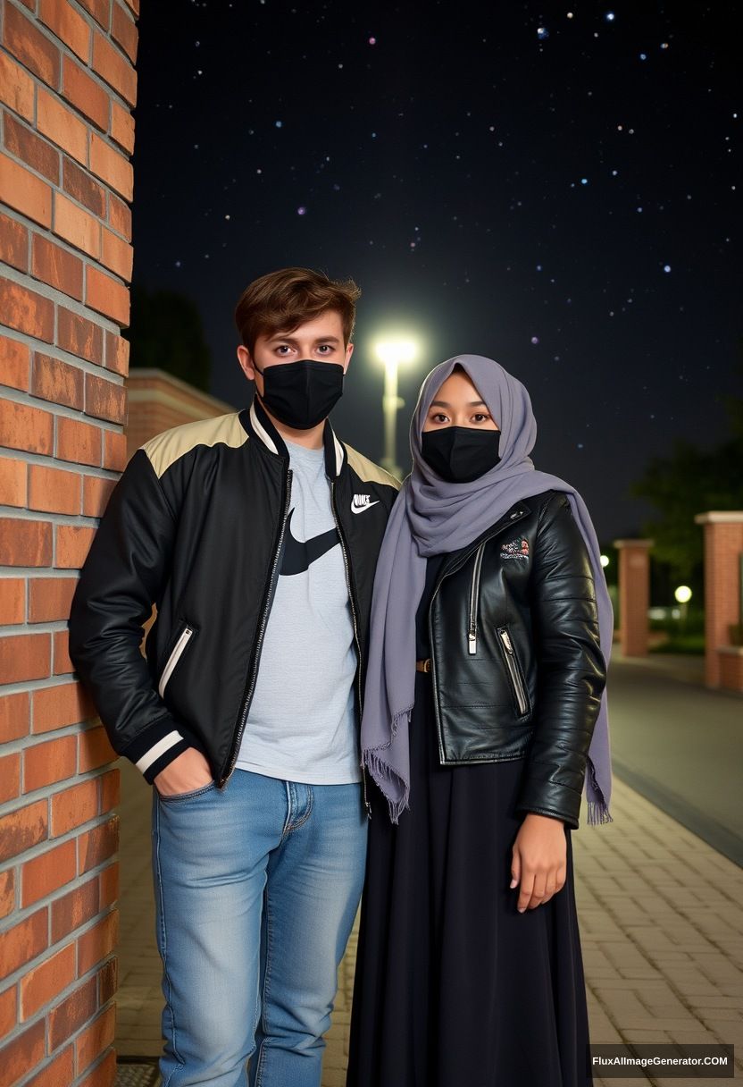 Jamie Dornan, youngest, black face mask, collage jacket, Nike t-shirt, jeans, tall man, fit body,

Dating, love with the biggest gray hijab Muslim girl, beautiful eyes, black face mask, leather jacket, biggest longest skirt, cute short girl,

standing at a brick wall, night scenery, Milky Way, hyper-realistic, photorealistic, street photography.