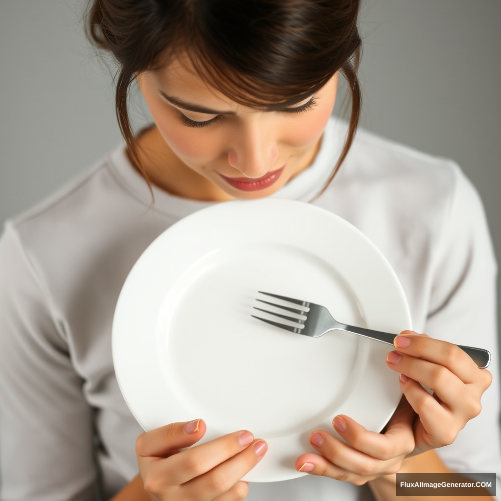 Young woman in front of an empty plate. The woman is looking down at the plate and is holding a fork.