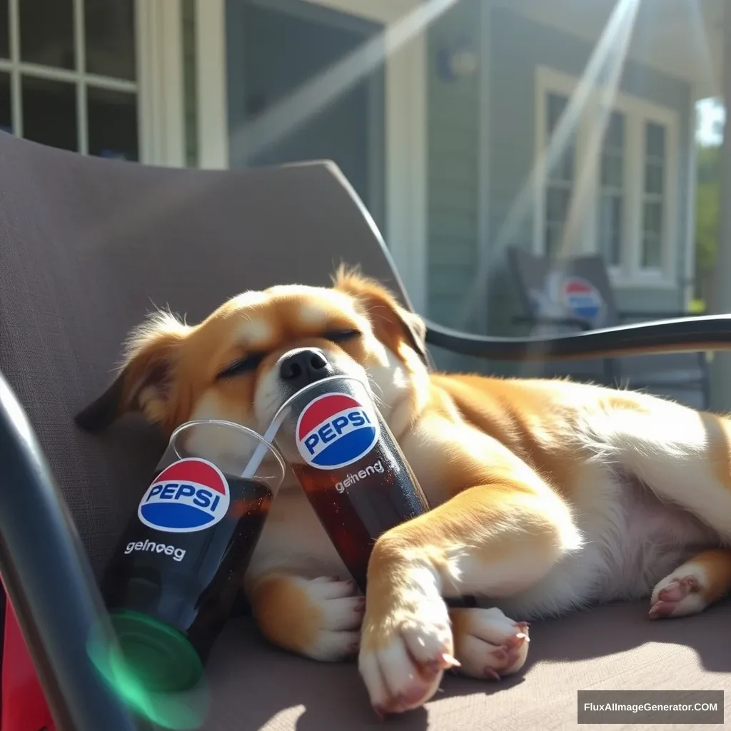 A small dog is drinking Pepsi with a straw while sleeping on a chair in front of the house, with sunlight shining down from the upper left.