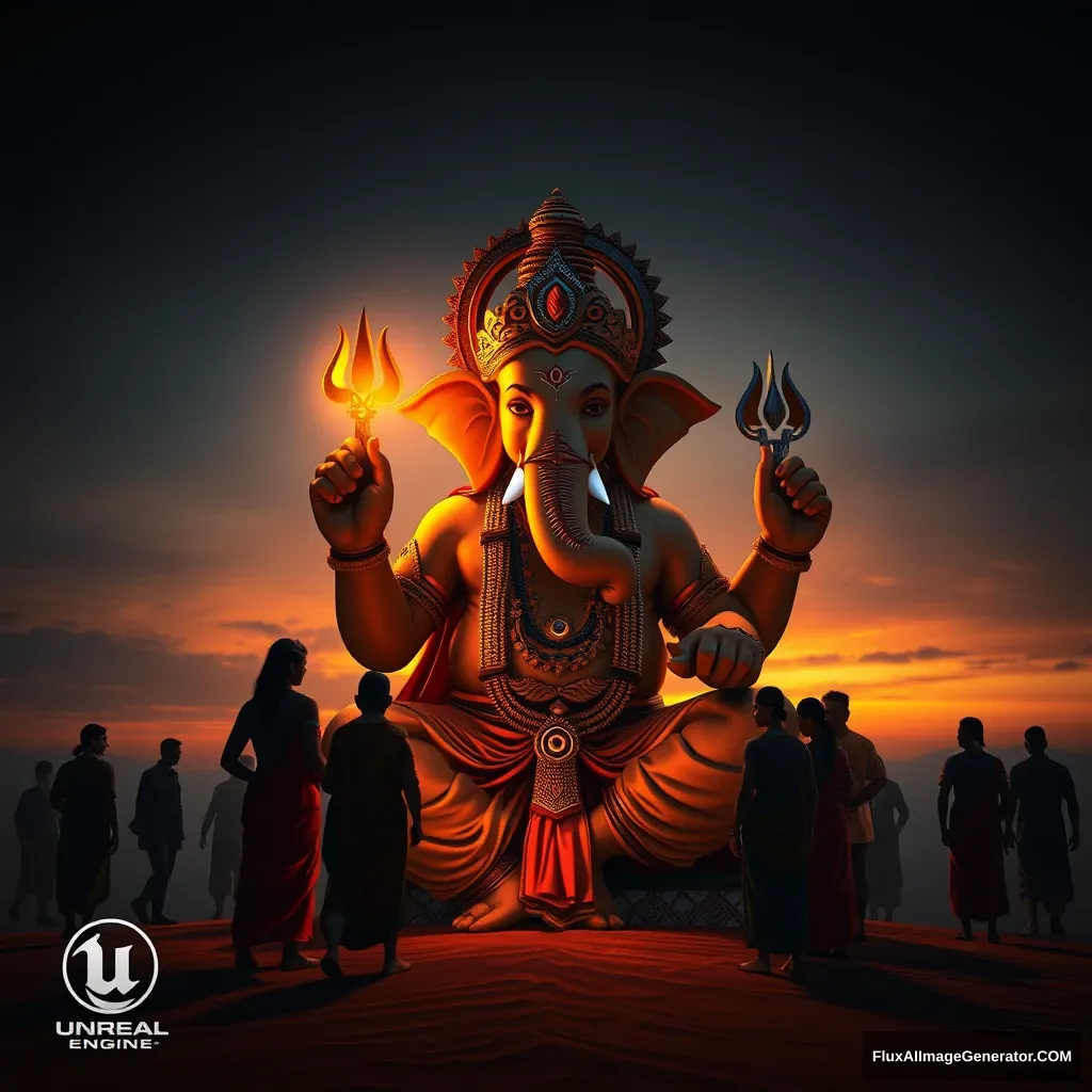 Create a new avatar of Ganesh, the Indian god, with people around him. This is a sunset view with dune light, 4K, featuring real people, using Unreal Engine, in a dark image.