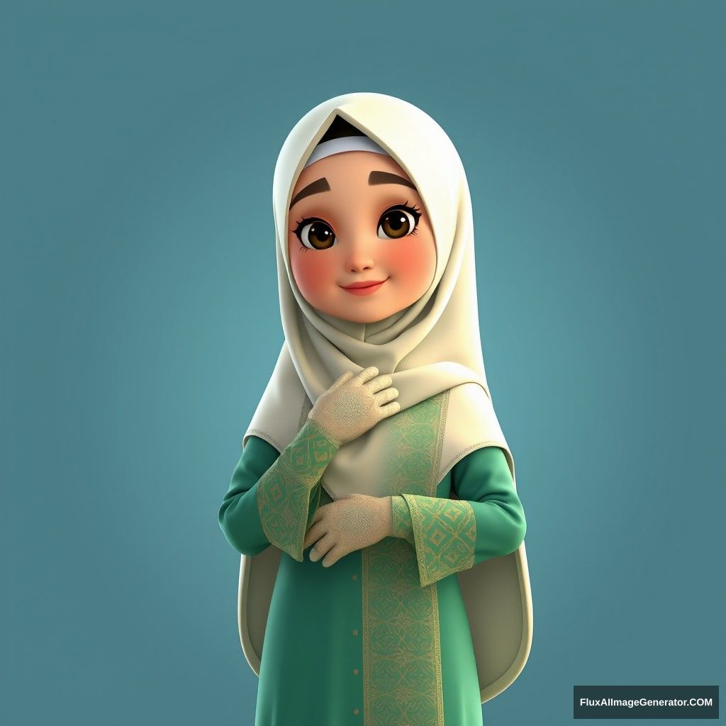 A 3D, 8k animated cartoon depiction of a Muslim woman from Palembang, wearing a traditional long songket and a long gown (gamis). She is adorned with a hijab that covers her chest and wears batik gloves covering her hands. - Image