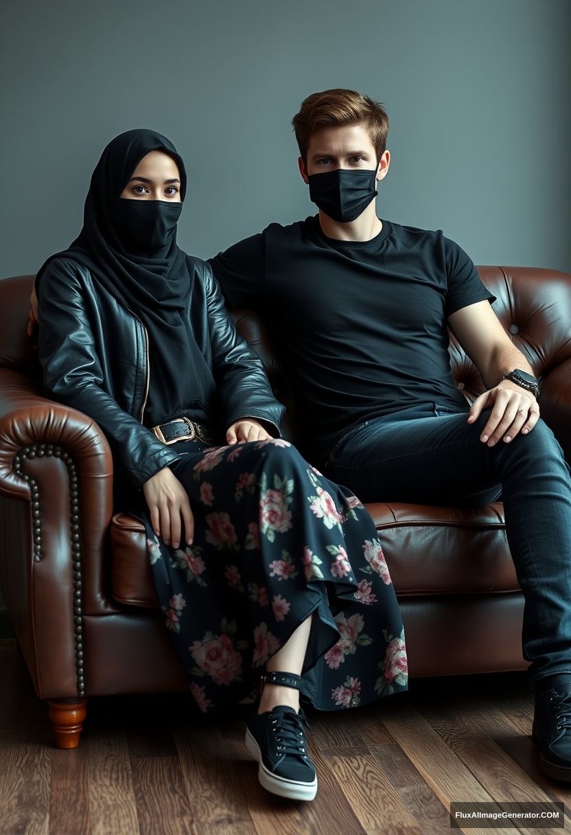 A slim girl in a black hijab burqa with beautiful eyes, wearing a black leather jacket, the longest floral dress, and black leather sneakers, is sitting on a leather single wing sofa. Jamie Dornan, the youngest, is dressed in a black T-shirt, jeans, and black leather sneakers; he is a tall man with a fit body and wearing a black face mask, sitting near her. The scene is hyper-realistic, crafted in studio photography.