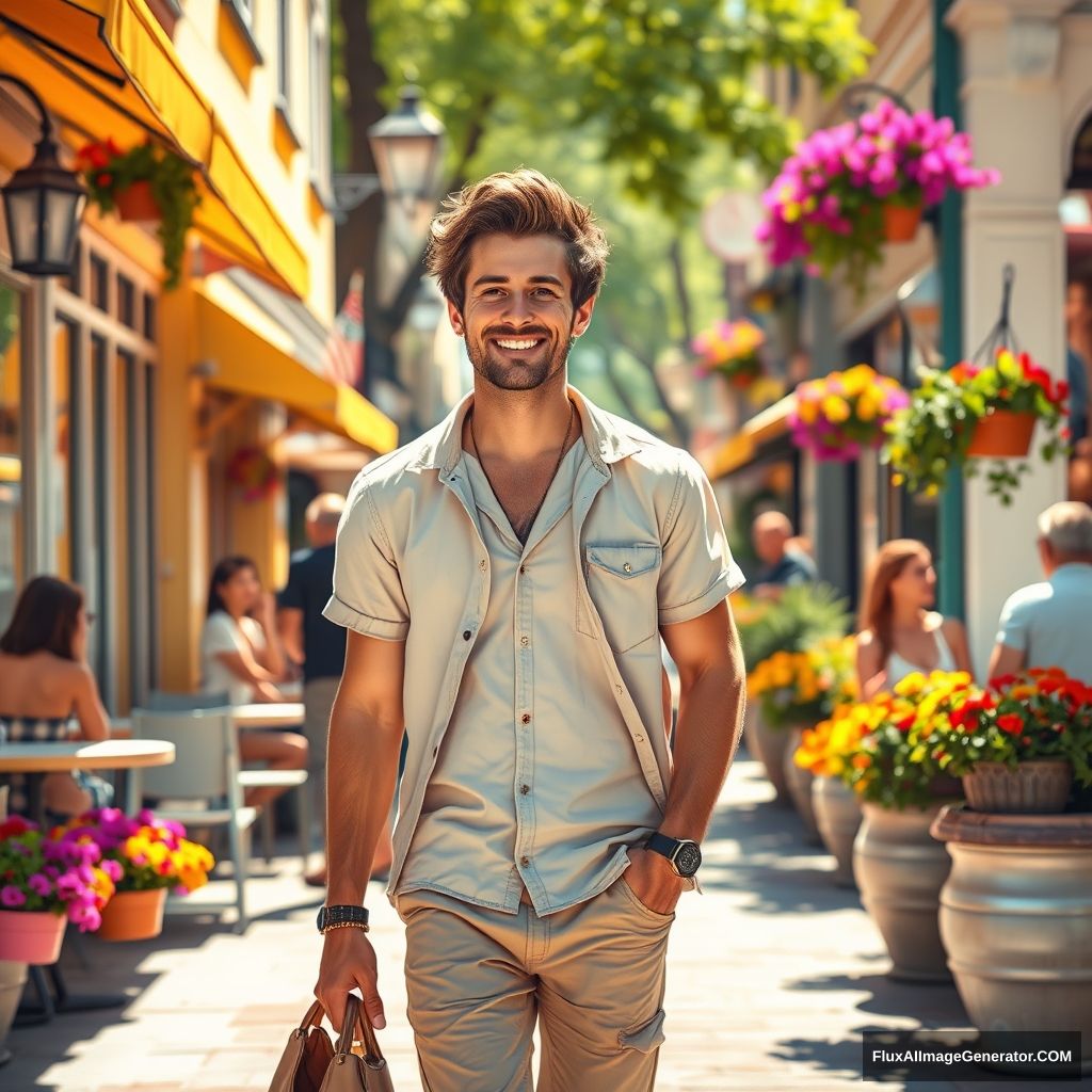 A sunny, handsome guy looking for a girlfriend, radiant smile and sparkling eyes, dressed in a casual summer outfit, walking along a charming street lined with cafes, people chatting and enjoying the outdoors, vibrant flower pots adorn the sidewalk, composition shows the guy mid-stride with a background of bustling life, an atmosphere tinged with optimism and connection, suggesting a quest for love in a lively urban setting, digital artwork, using bright colors to enhance the playful and hopeful spirit of the scene, --ar 16:9 --v 5. - Image