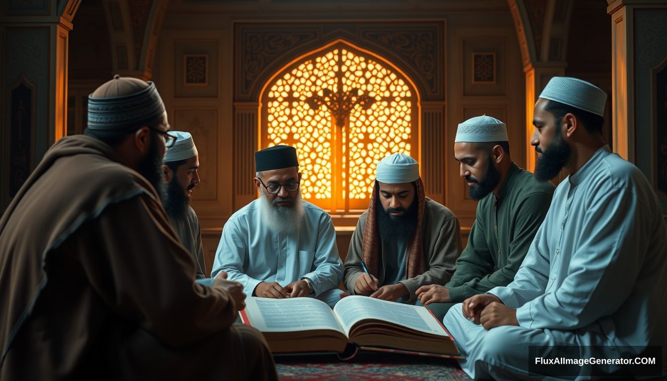 A group of Muslims earnestly studying and discussing the teachings of Prophet Muhammad (SAW), set in a tranquil and scholarly environment. Ultra HD, realistic, educational, with warm and cinematic lighting. - Image