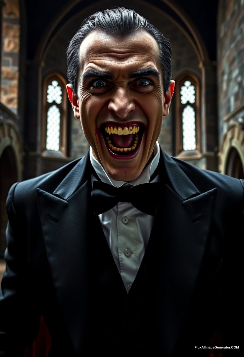 Dracula man, handsome, tuxedo, sharp teeth, blood, scary smile, hyper realistic, studio photography, full body photo, at abandoned castle.