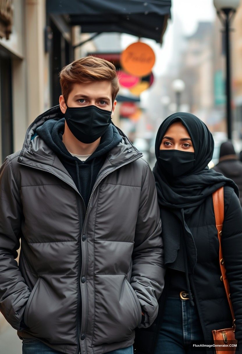 Jamie Dornan, handsome, young, black face mask, snow jacket, jeans, dating a beautiful black hijab girl with beautiful eyes, black face mask, snow jacket, winter scenery, walking together in town, hyper realistic, street photography.