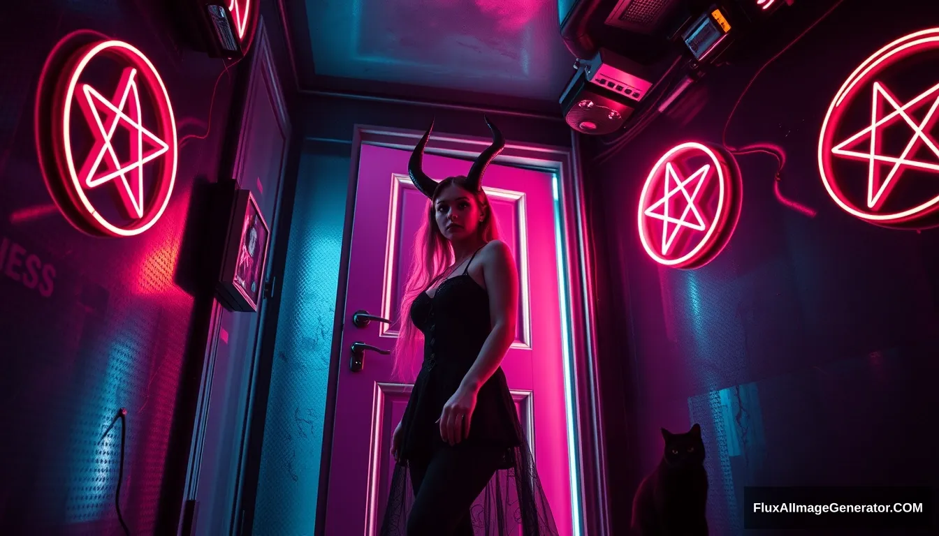 Portrait of a couple: Beautiful goth demon woman steps through a glowing door into a dimly lit cyberpunk room with vibrant neon hues reflecting off metallic surfaces, neon pentagrams on the wall and ceiling, black cat lurking. - Image