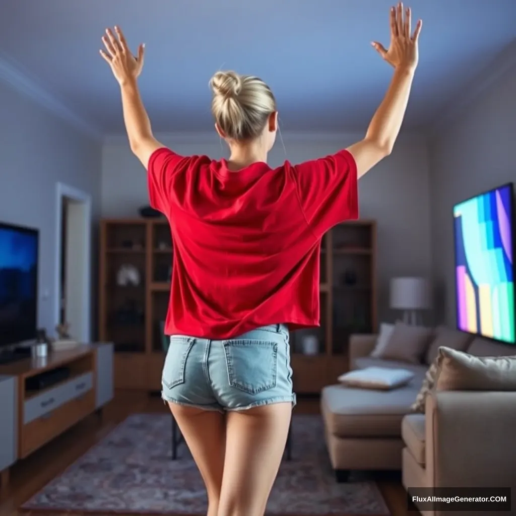 Side view of a skinny blonde woman in her early twenties in her massive living room, wearing a massively oversized red polo t-shirt that is slightly askew on one shoulder. The bottom of her t-shirt is also untucked. She is wearing light blue denim shorts and no shoes or socks. Facing her TV, she dives into the magical television, raising her arms so quickly that they become blurry and are already below her chest. - Image