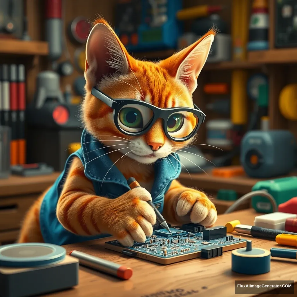 A curious ginger tabby cat, wearing tiny safety goggles and a blue technician's vest, meticulously solders a complex PCB circuit board. The whimsical Pixar-style scene unfolds in a cozy, warmly-lit workshop filled with oversized tools and colorful gadgets, evoking a sense of playful innovation.