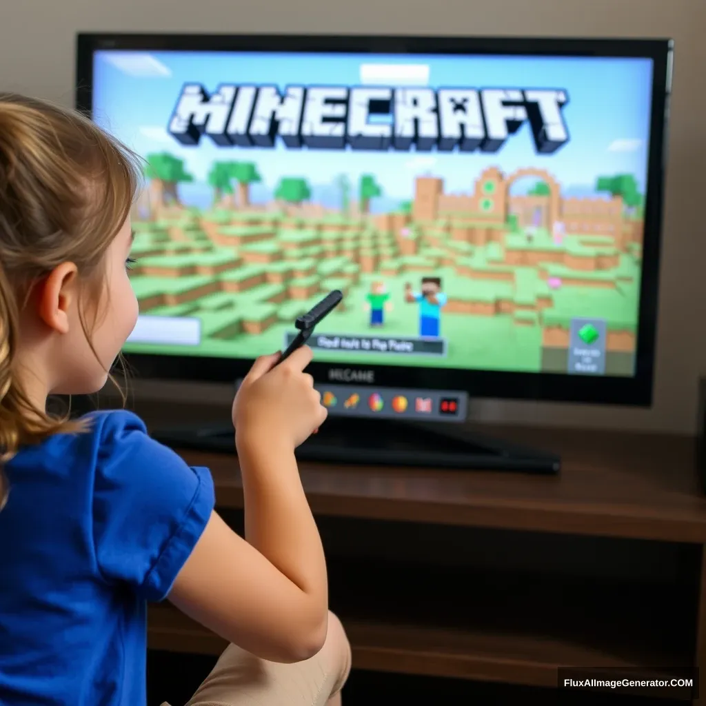 A little girl is playing Minecraft in front of the screen, with clear game graphics. - Image