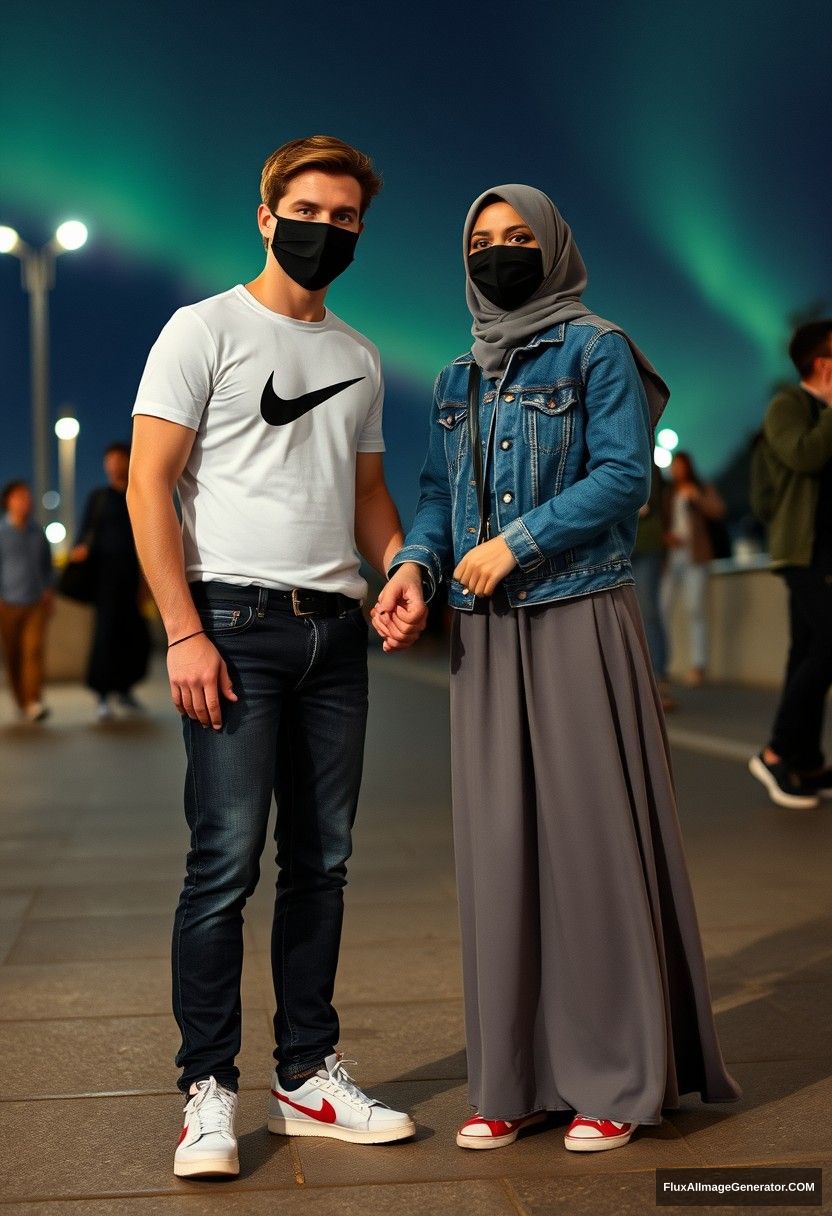 Jamie Dornan, handsome, black face mask, white Nike t-shirt, jeans, sneakers, dating romantically with a grey-hijab-wearing Muslim girl with beautiful eyes, black face mask, denim jacket, very long and wide skirt, not a tall girl, red sneakers, holding hands, photorealistic, street photography, full photography, selfie photos, night scenery, aurora.