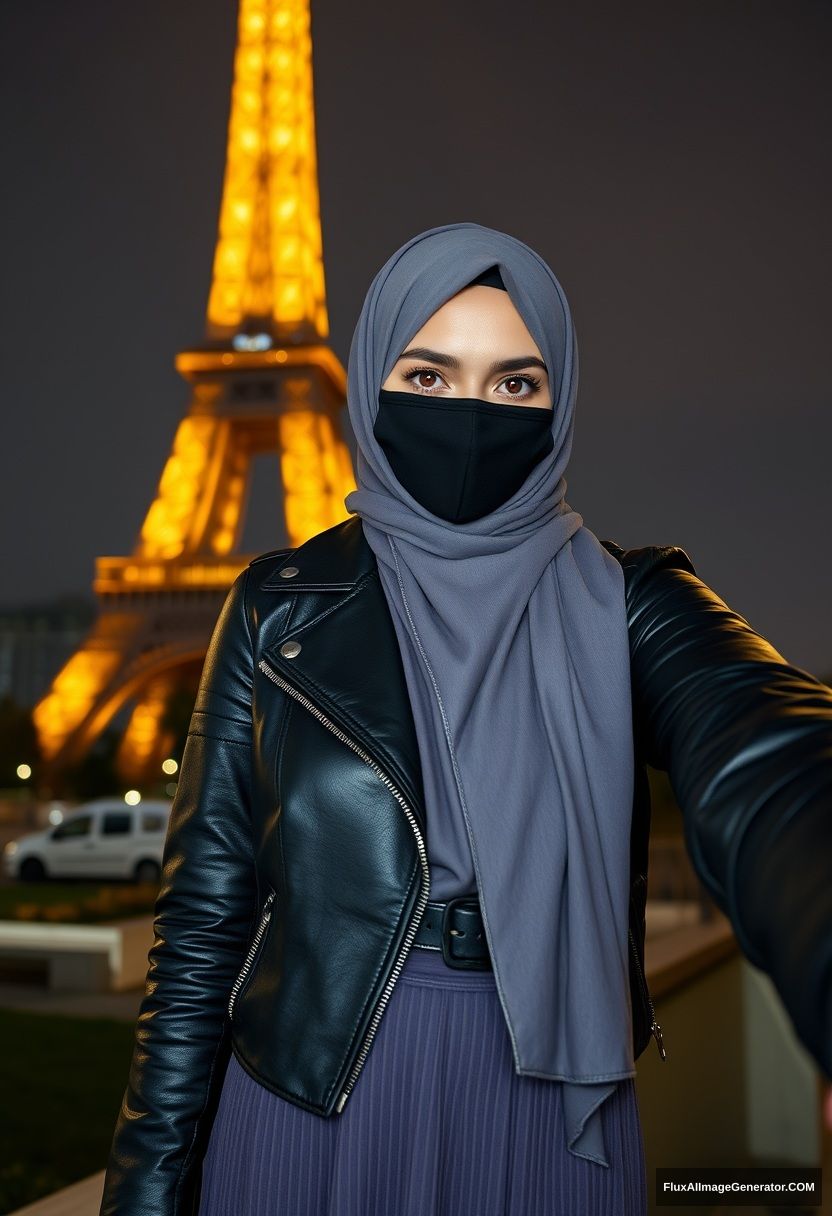 Biggest grey hijab Muslim girl, beautiful eyes, black face mask, leather jacket, biggest longest skirt, standing near Eiffel Tower, night scenery, hyper-realistic, photorealistic, selfie photos.