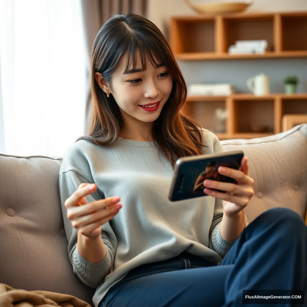 The beautiful Japanese woman is sitting on the sofa in the living room, playing mobile games with her iPhone 15 in both hands.