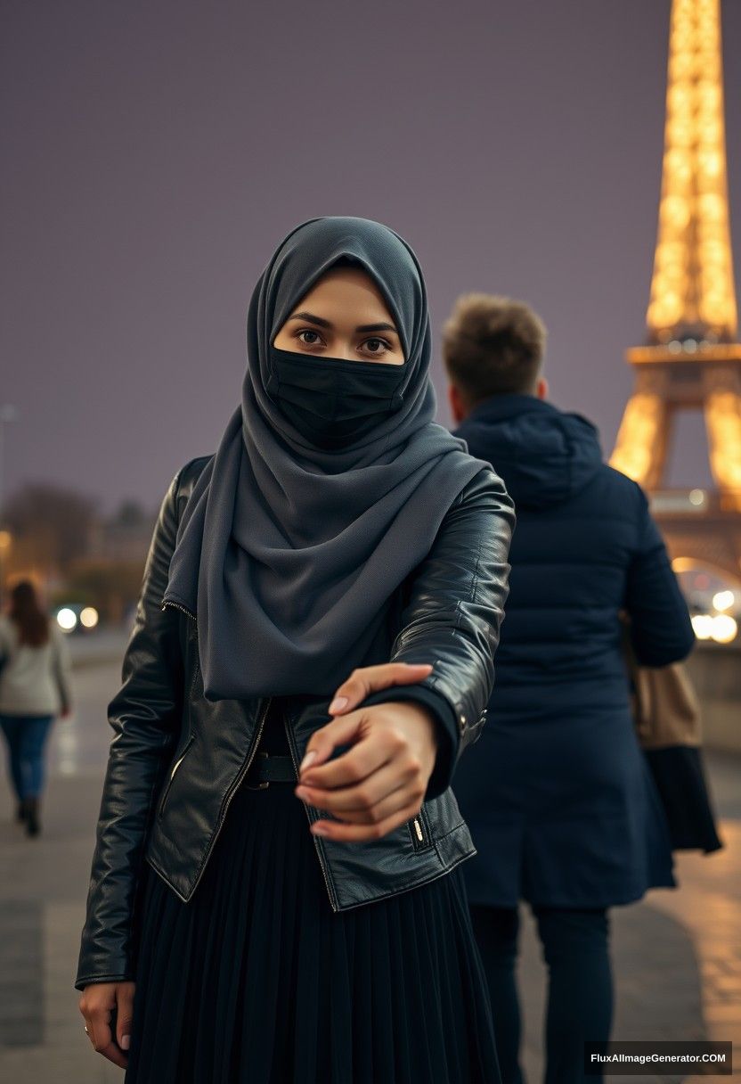 Biggest grey hijab Muslim girl, beautiful eyes, black face mask, leather jacket, biggest longest skirt, standing near the Eiffel Tower, night scenery, strangers' backs, hyper-realistic, photorealistic, street photography, holding someone's hand from opposite, come hold my hand.