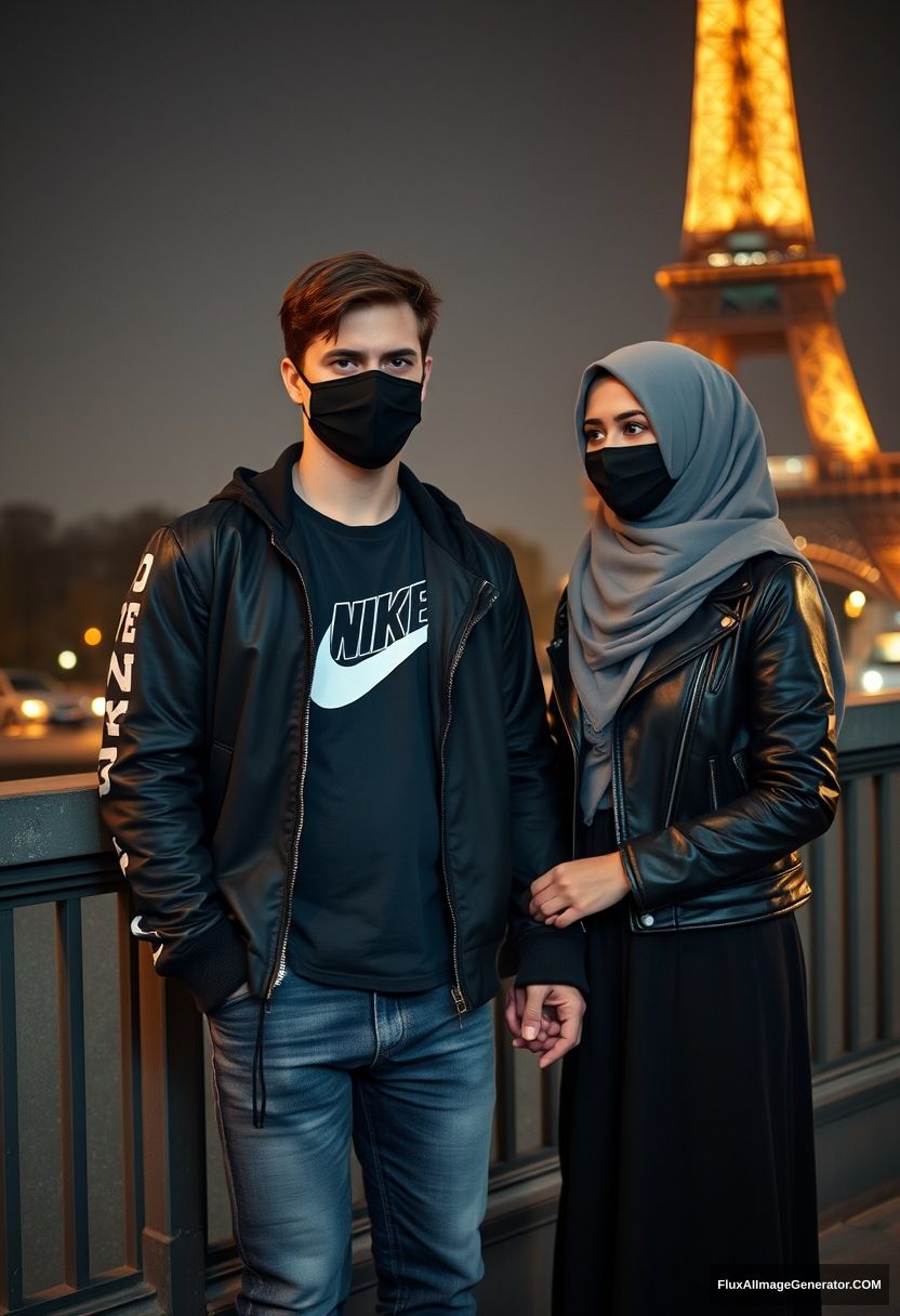 Jamie Dornan, youngest, black face mask, collage jacket, Nike t-shirt, jeans, tall man, fit body,

Dating, love with the tallest Muslim girl in a grey hijab, beautiful eyes, black face mask, leather jacket, the biggest longest skirt, cute short girl,

standing near the Eiffel Tower, night scenery, holding his hand, hyper-realistic, photorealistic, street photography. - Image