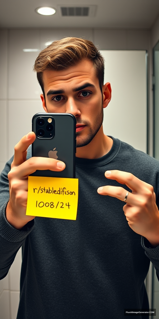 Man in a meticulously detailed bathroom, capturing a mirror selfie with the latest iPhone. He's holding a vibrant yellow post-it note displaying "r/stablediffusion" and "10/08/24". Hyper-realistic style with precise lighting, reflections, and textures. Verification-style composition, natural color palette. Subtle tension in expression, modern tech-savvy atmosphere. - Image