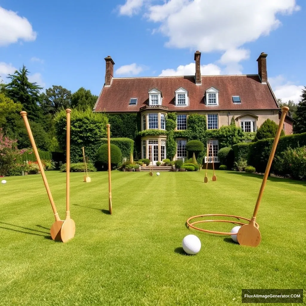 Full-size croquet lawn in the garden of a manor house with mallets, hoops, and balls. - Image