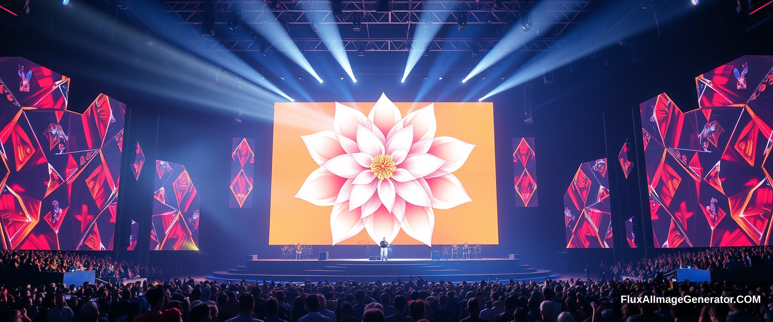 A music stage inspired by diamonds, with a large LED screen in the center inspired by the flower in the photo link: https://www.msb.com.vn/documents/20121/0/MFirst_poster_1200x628px.png/9473c12e-4c95-2ae1-4d5a-6fb863910f50?t=1680687044173, featuring a dark blue tone, spotlights, a crowded audience, and a luxurious feel, inspired by the flower in the photo. - Image