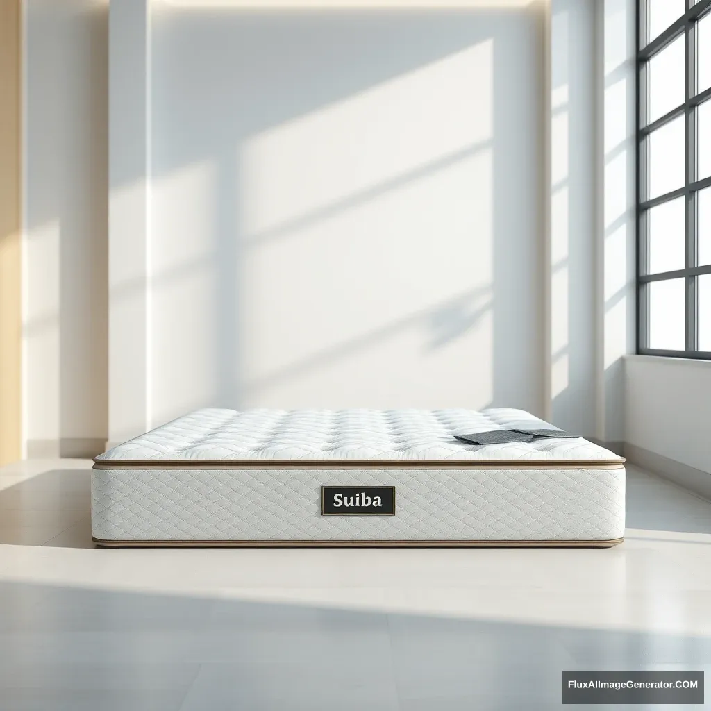 C4D, realistic rendering, a product image, the product type is a mattress, indoors, the product name is "Suiba Mattress".