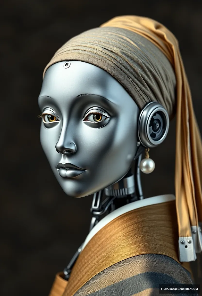 A robot girl mimics the iconic "Girl with a Pearl Earring," featuring a smooth, metallic visage adorned with a single, luminous pearl earring, capturing the blend of timeless art and advanced robotics.