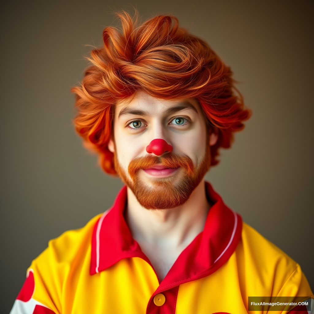 Full body picture of a long brown-haired, short-bearded guy cosplaying as Ronald McDonald. - Image