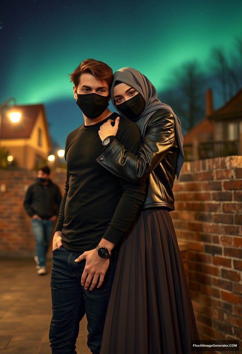 Jamie Dornan, tall, young, wearing a black face mask, a black long-sleeve playboy t-shirt, and jeans, 

dating a beautiful Muslim girl in a grey hijab with striking eyes, also wearing a black face mask, a leather jacket, and an extremely long and voluminous skirt, who is not tall, 

lying on his shoulder, hugging him from behind, persuading him, near a brick wall in town, in a photorealistic style, in a street photography scene, at night with an aurora borealis. - Image