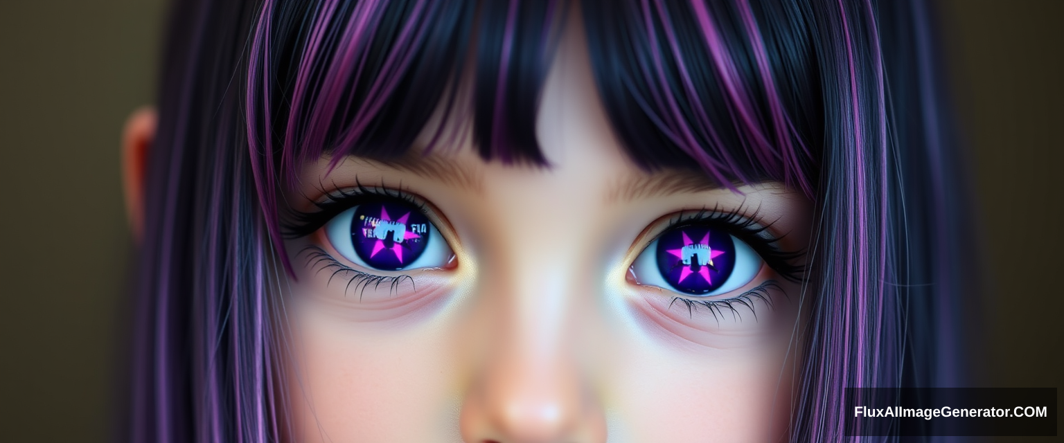 A beautiful young girl with dark purple and pink-colored eyes with shiny white six-star pupils. She has long indigo and purplish hair that reaches her waist and has bangs with pink streaks in them. - Image