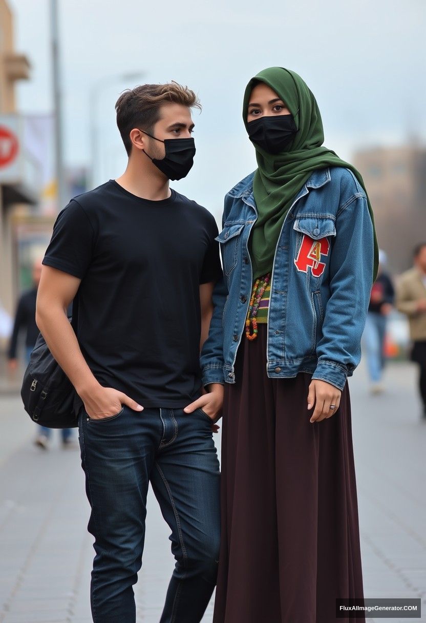 Jamie Dornan, young, black face mask, black T-shirt, collage jacket with a capital A, jeans, red sneakers, romantically dating the most beautiful Muslim girl in a green hijab, with beautiful eyes, black face mask, denim jacket, long skirt, not tall, photorealistic, street photography, full photography.