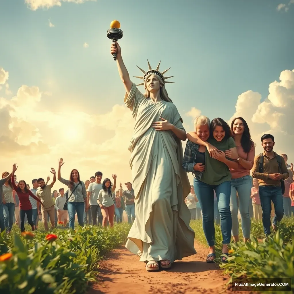 A powerful and inspiring image depicting the concept of freedom and food sovereignty. In the foreground, a goddess symbolizing freedom leads the people towards a bright future, reminiscent of the iconic painting 'Liberty Leading the People.' The lady appears mostly human, with only about 10% of her body showing robotic elements, such as a mechanical arm or eye. She is surrounded by families and individuals who are joyous and supportive, embracing and helping each other. The scene is vibrant and full of hope, capturing the essence of unity, progress, and decentralized, family-based agricultural production. - Image