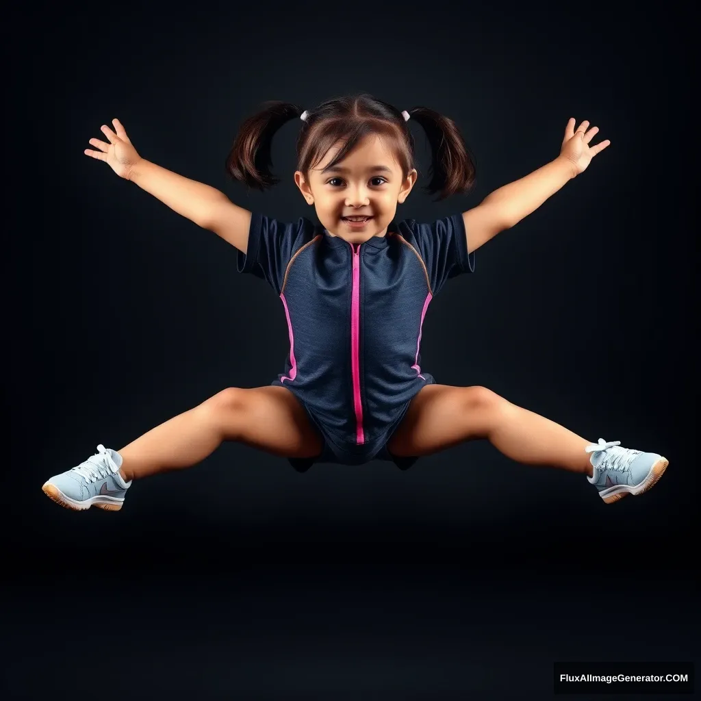 "Create a photo: A girl in sportswear is doing the splits. The child has 2 arms and 2 legs." - Image