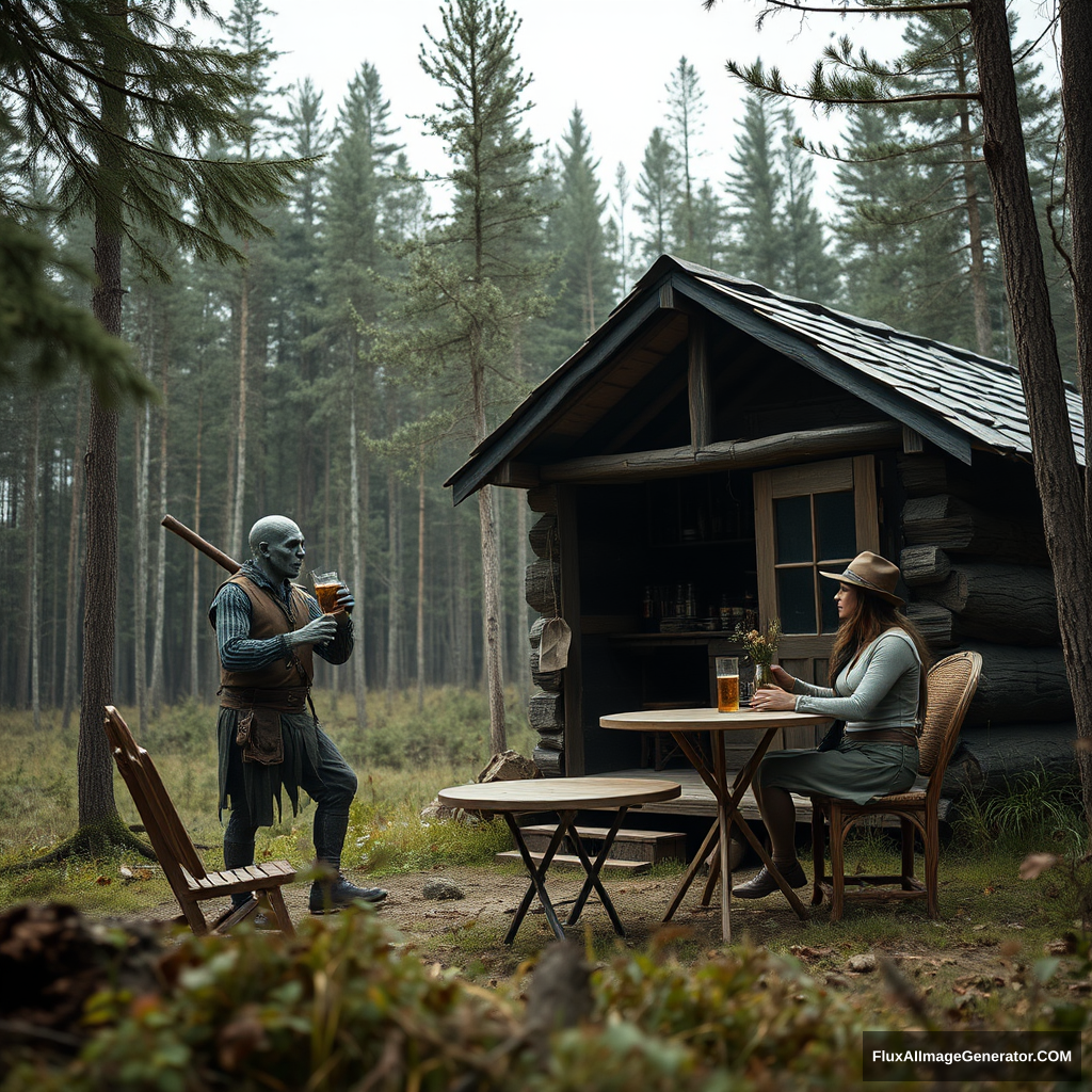 Real-life photography, wide shot: In the forest, there is a wooden cabin selling alcohol, and a dressed zombie comes to buy some. Next to the cabin, there are one table and two chairs, with a zombie wearing a hat sitting and drinking. A female barbarian is selling the alcohol. - Image