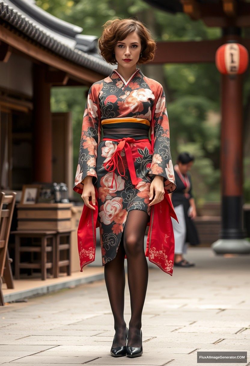 Ellen Page is standing in a geisha outfit in the character environment, short curly hair, pantyhose, stiletto pumps.