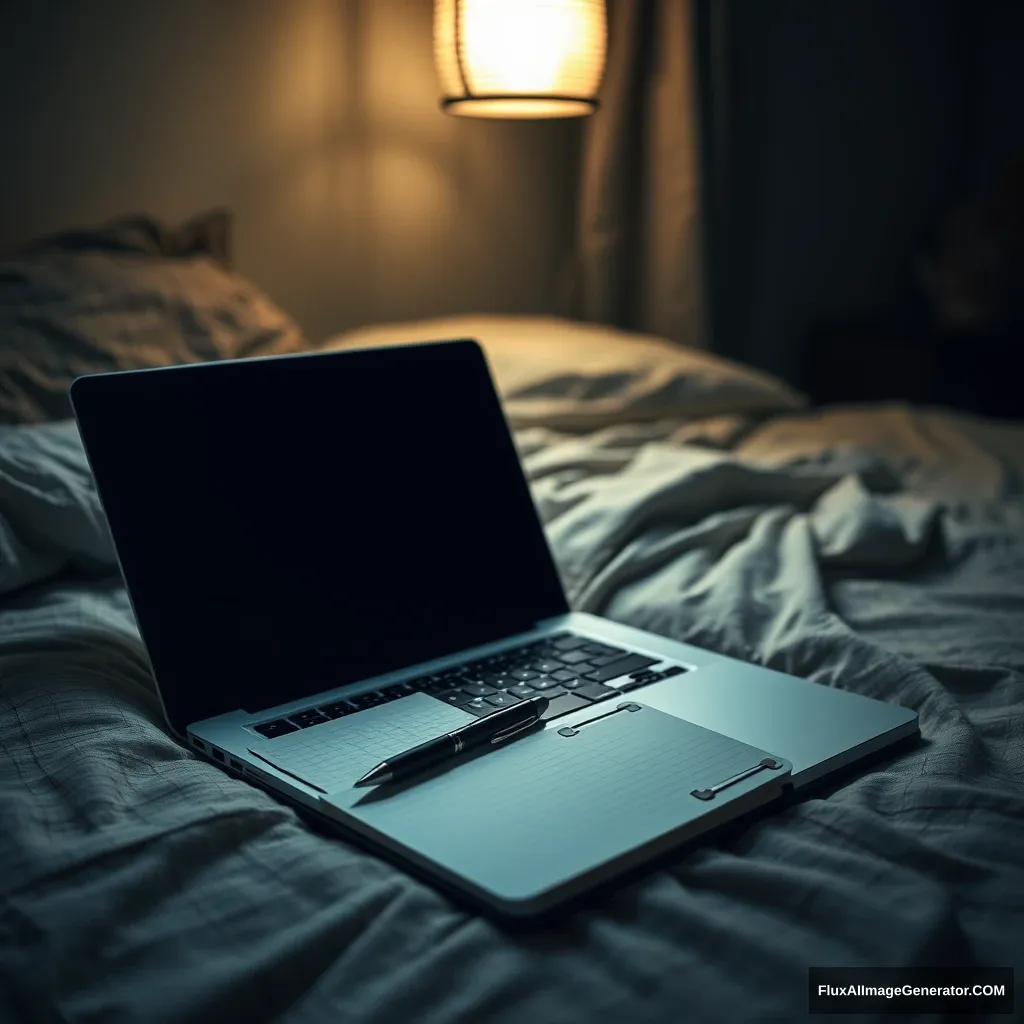 On a laptop, notebook, a pen, phone, on bed, hyper-realistic, studio photography, lantern light, gloomy. - Image