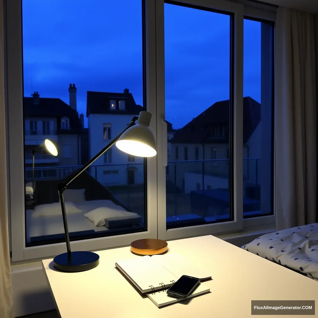 Modern Bedroom apartment, big glass window, midnight in France, a study lamp lighting, a notebook and phone on a study desk.