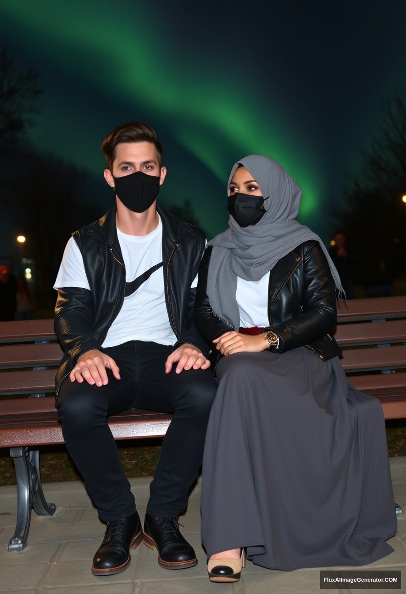 Jamie Dornan, tall and young, wearing a black face mask, a white Nike T-shirt, and jeans, is dating a beautiful Muslim girl in a grey hijab with striking eyes, who is wearing a black face mask, a leather jacket, and a very long and wide skirt. She is not tall. They are sitting together on a park bench, talking to each other in town, with strangers in the background. It's a photorealistic selfie taken at night, featuring the aurora borealis.